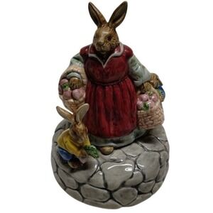 VTG Rabbit Figurine Mother Bunny with Baskets Easter Decor Ceramic Music Box